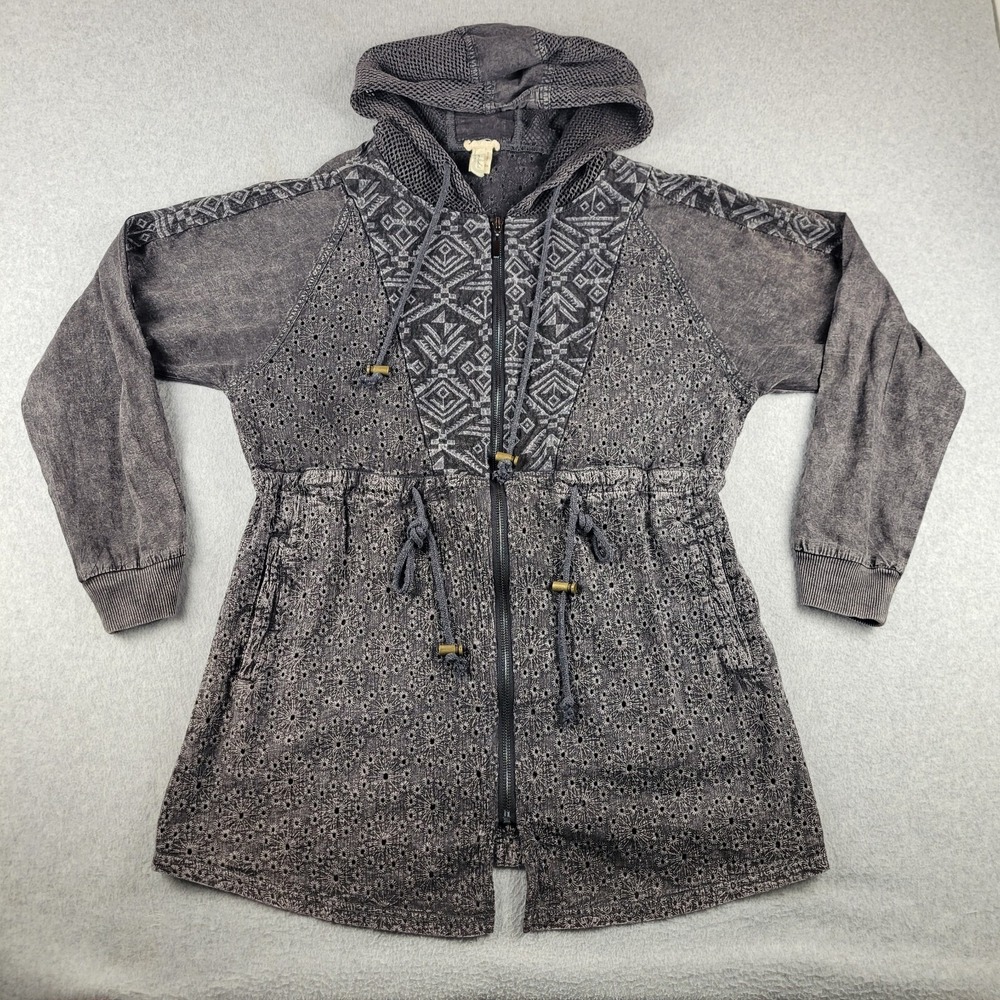 Womens Hooded Zip-Front Lughtweight Embroidered Eyelet Jacket EUC